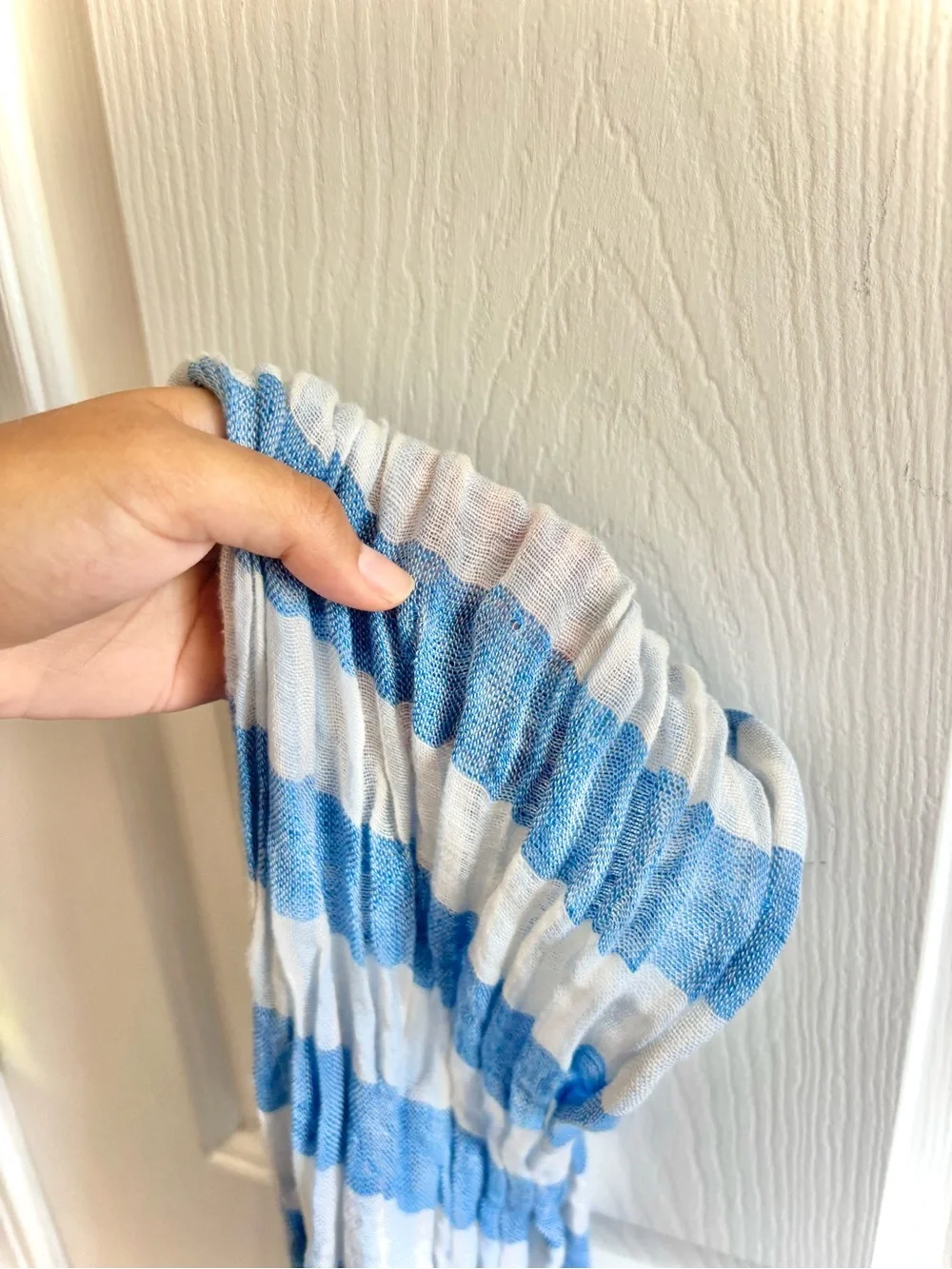 Gap Striped Gauze Cotton Lightweight Boho Scarf Blue Pom-Trim Scarf One Size